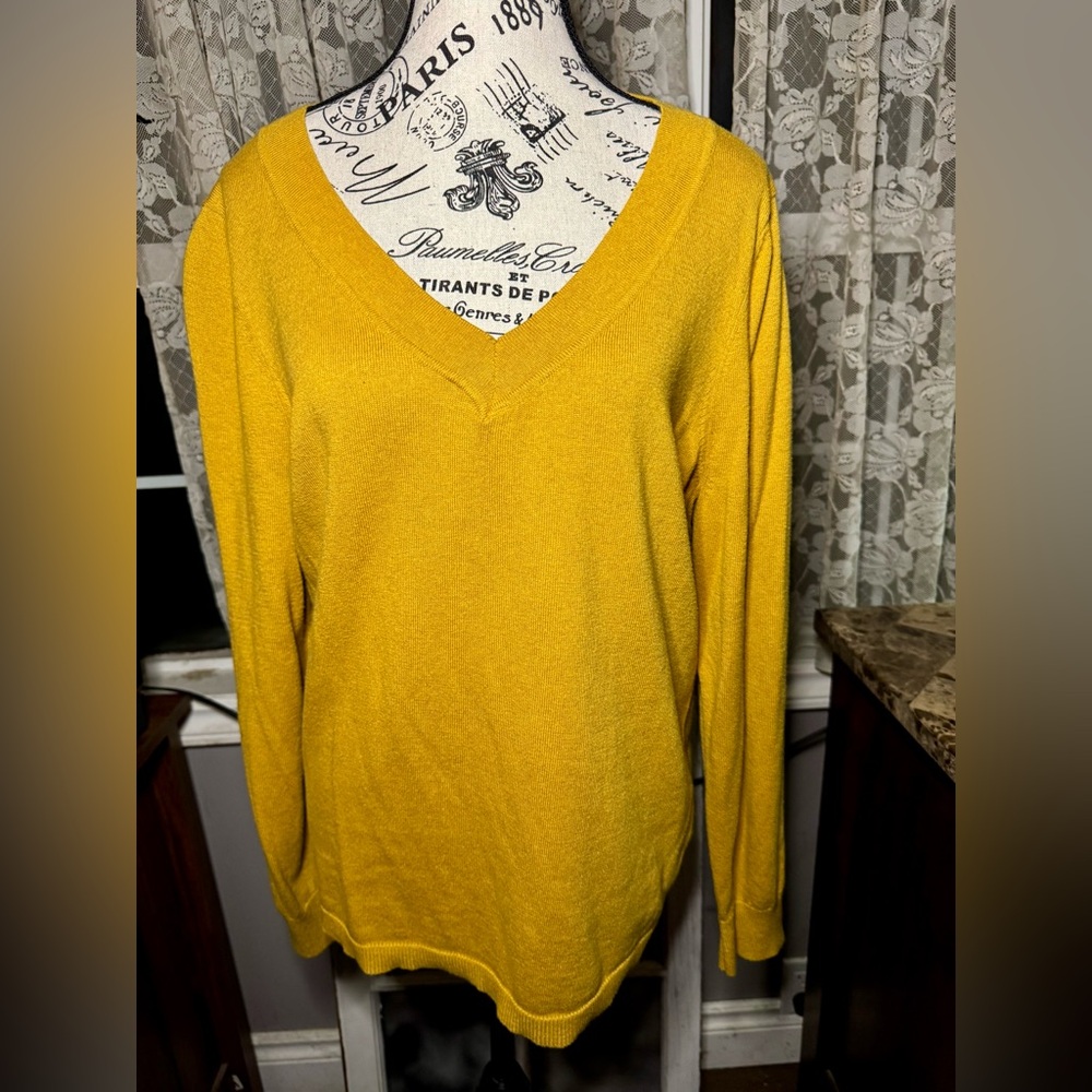 V neck mustard yellow sweater.